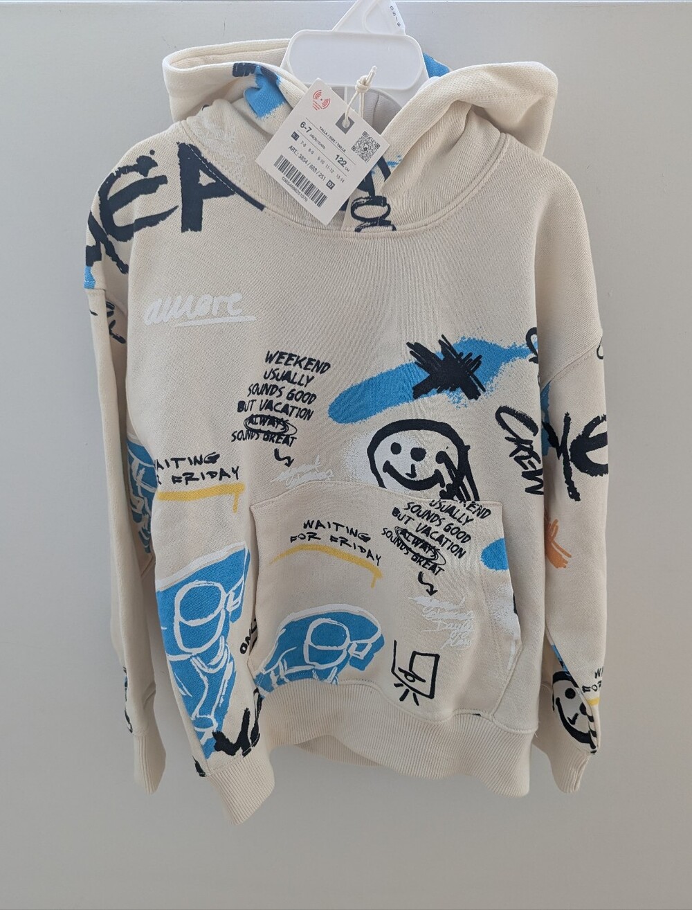 Kids 6/7 Cream Graphic Hoodie Sweatshirt Zara